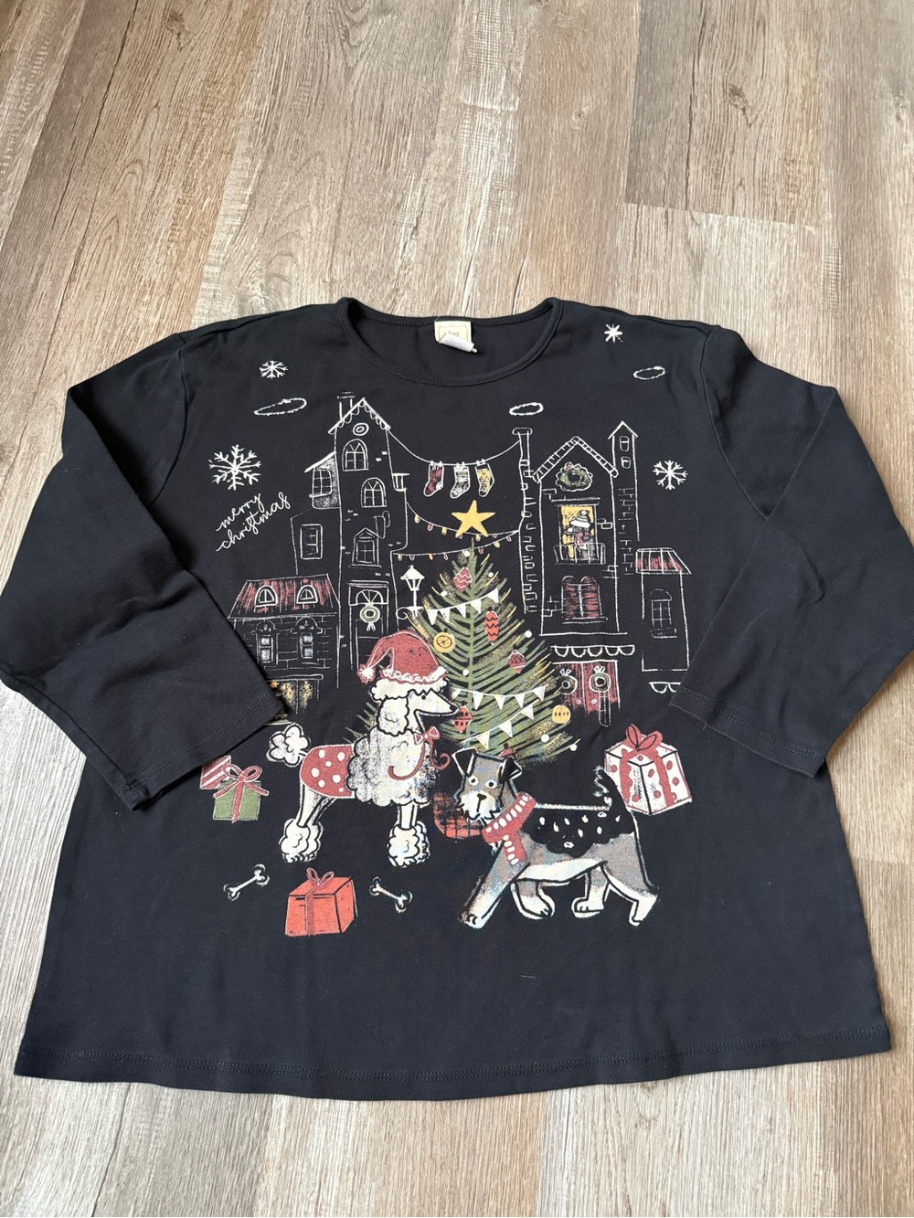 Jess & Jane Bow Wow Christmas Dogs 3/4 Sleeve Top Black Holiday Tails Size 1X